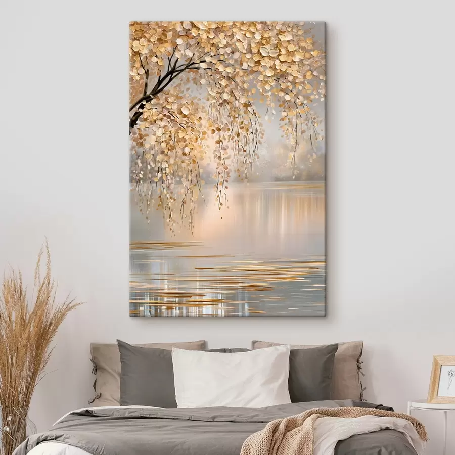 Fototapete Ein Herbstbaum am See, im Ölstil gemalt s50471
