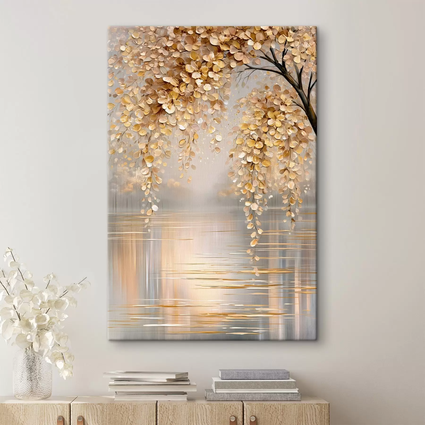Fototapete Ein Herbstbaum am See, im Ölstil gemalt s50472