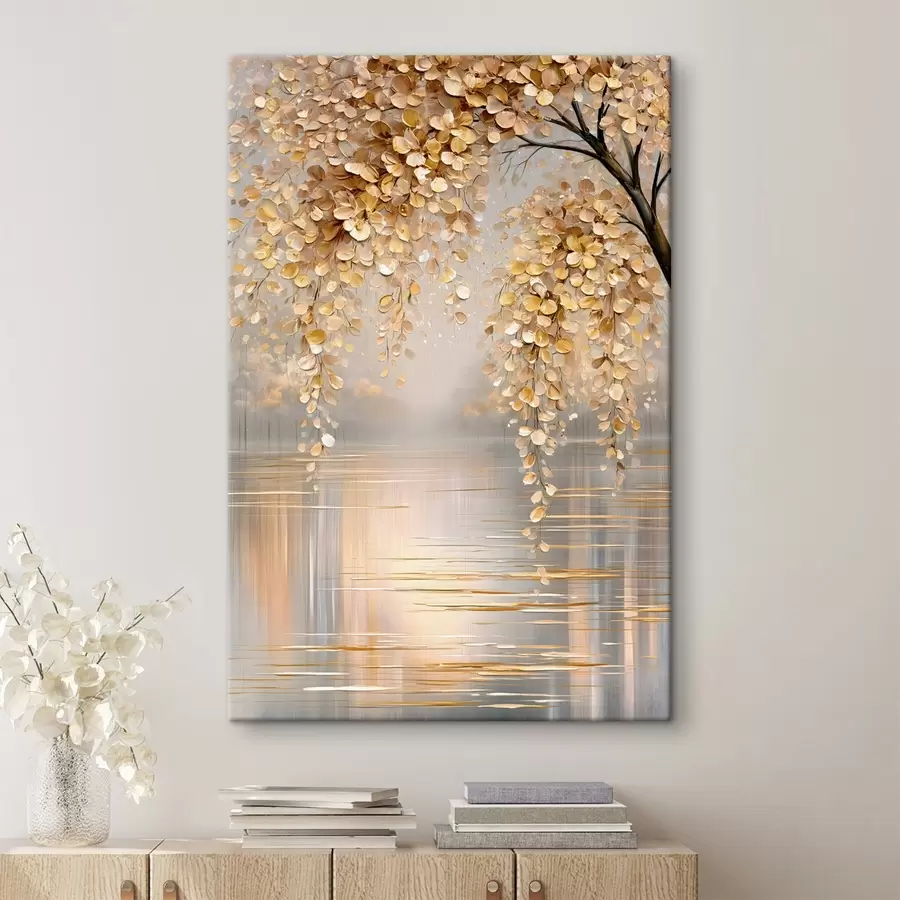 Fototapete Ein Herbstbaum am See, im Ölstil gemalt s50472