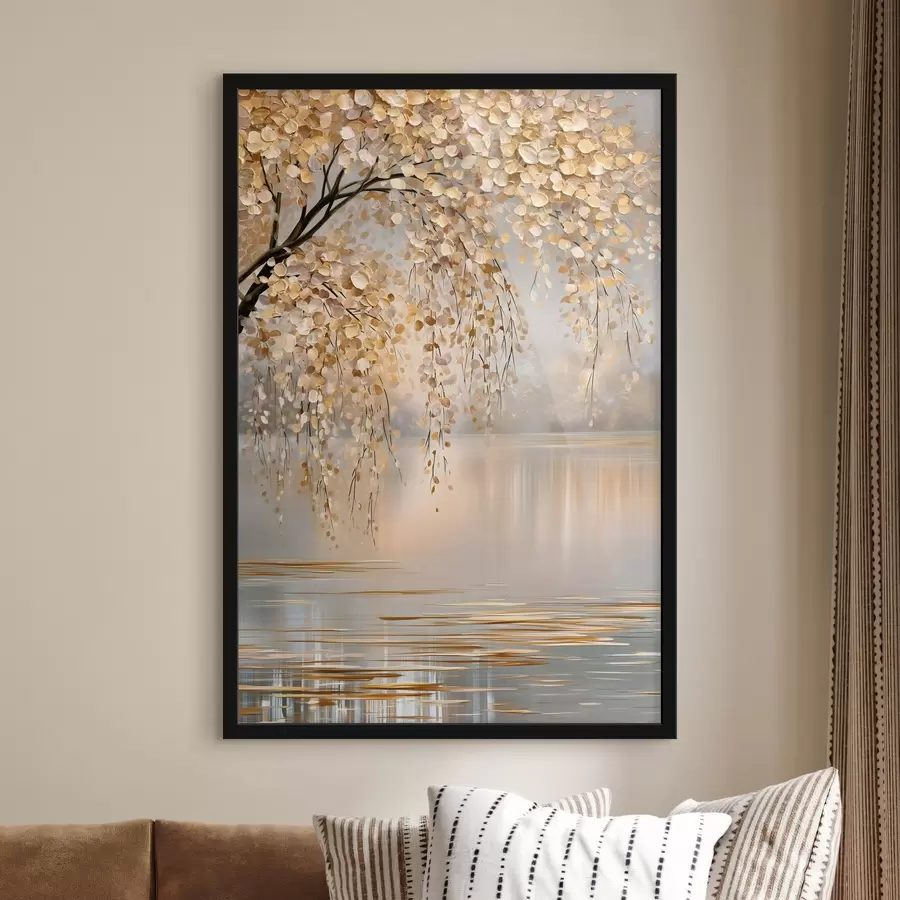 Fototapete Ein Herbstbaum am See, im Ölstil gemalt f50471