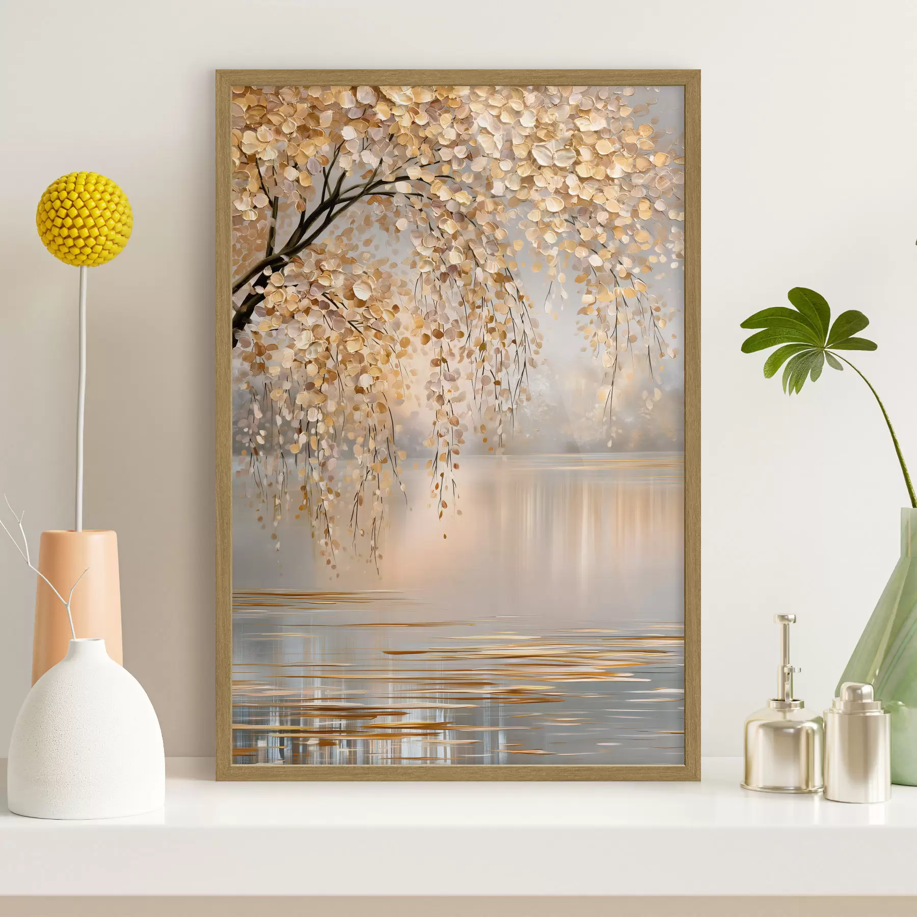 Fototapete Ein Herbstbaum am See, im Ölstil gemalt f50471
