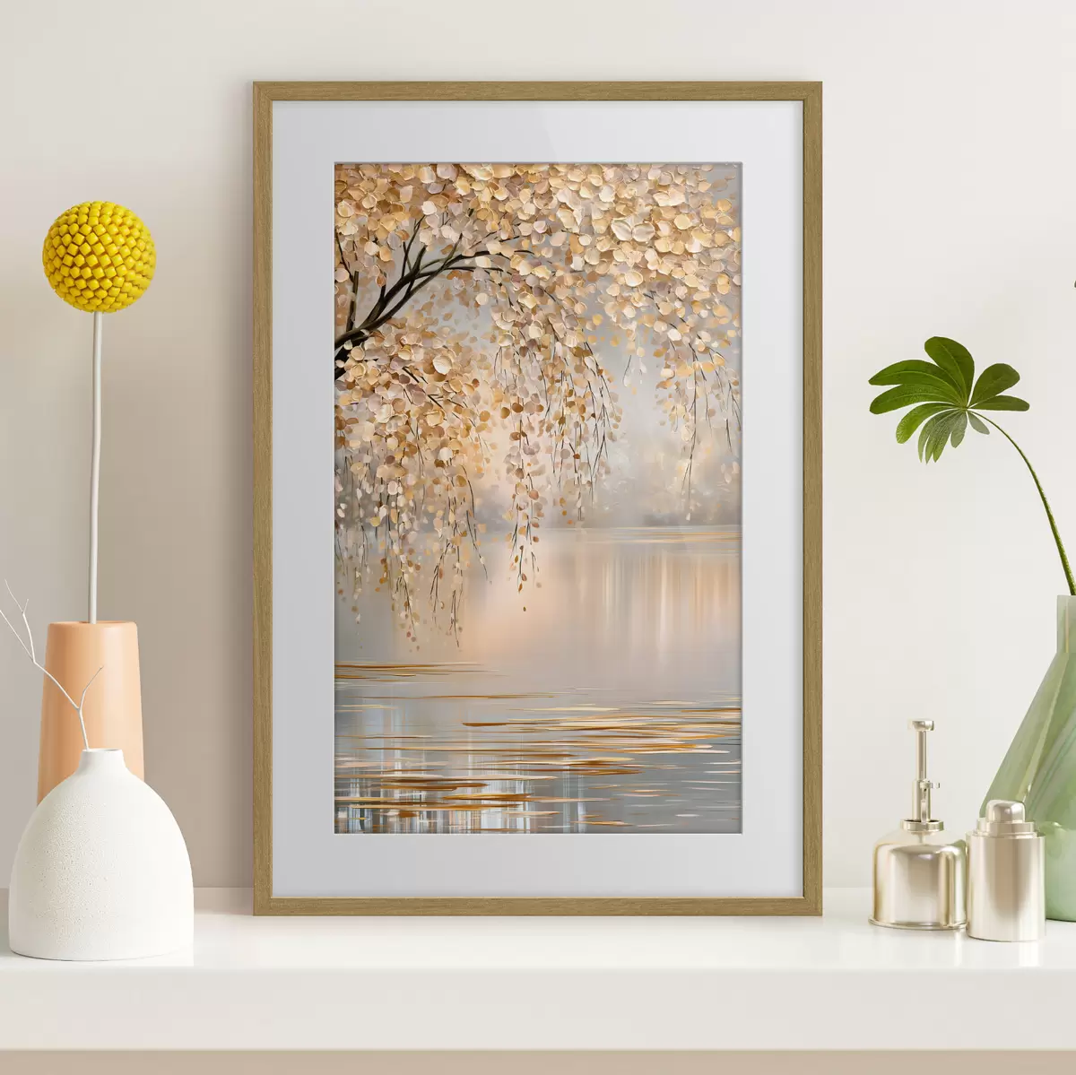 Poster Ein Herbstbaum am See, im Ölstil gemalt f50471