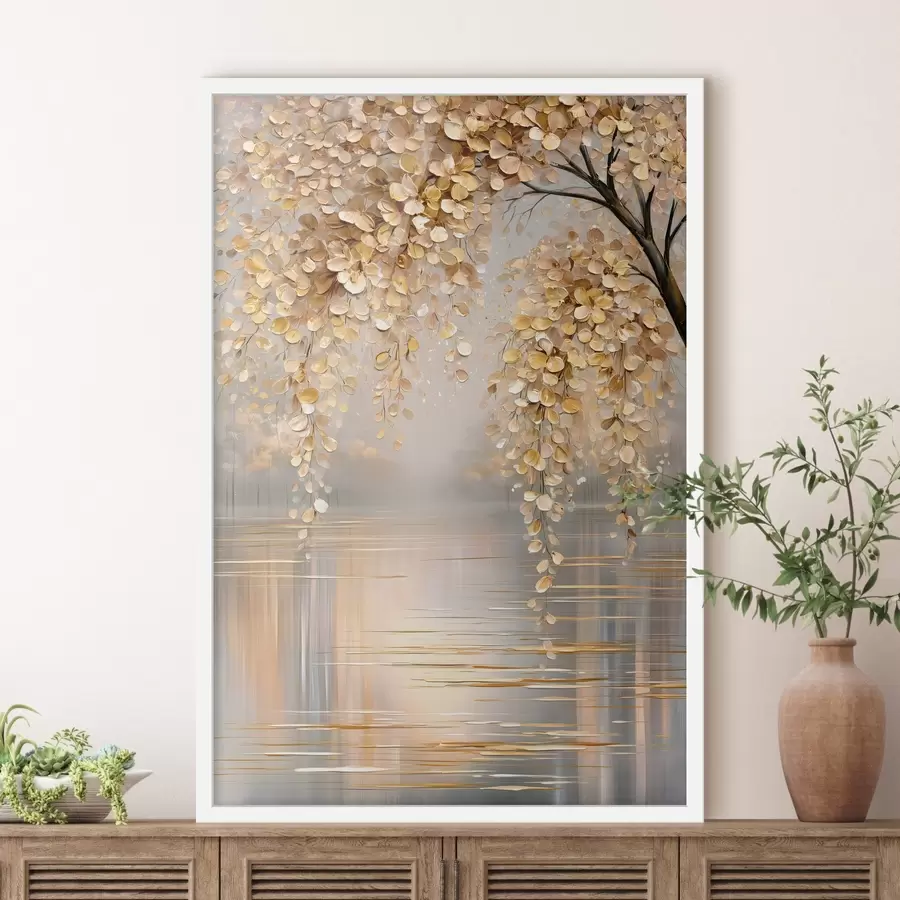 Fototapete Ein Herbstbaum am See, im Ölstil gemalt f50472