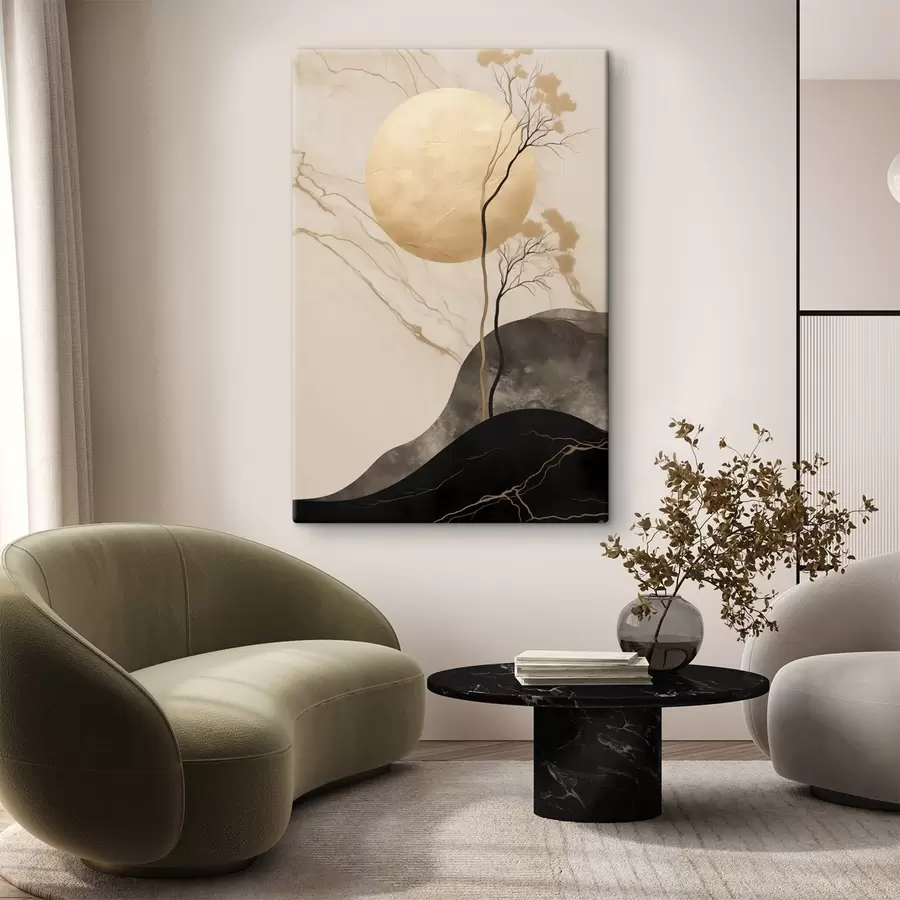 Fototapete Minimalistische abstrakte Kunst, Bäume und fließende Texturen in Beige- und Schwarztönen s50612