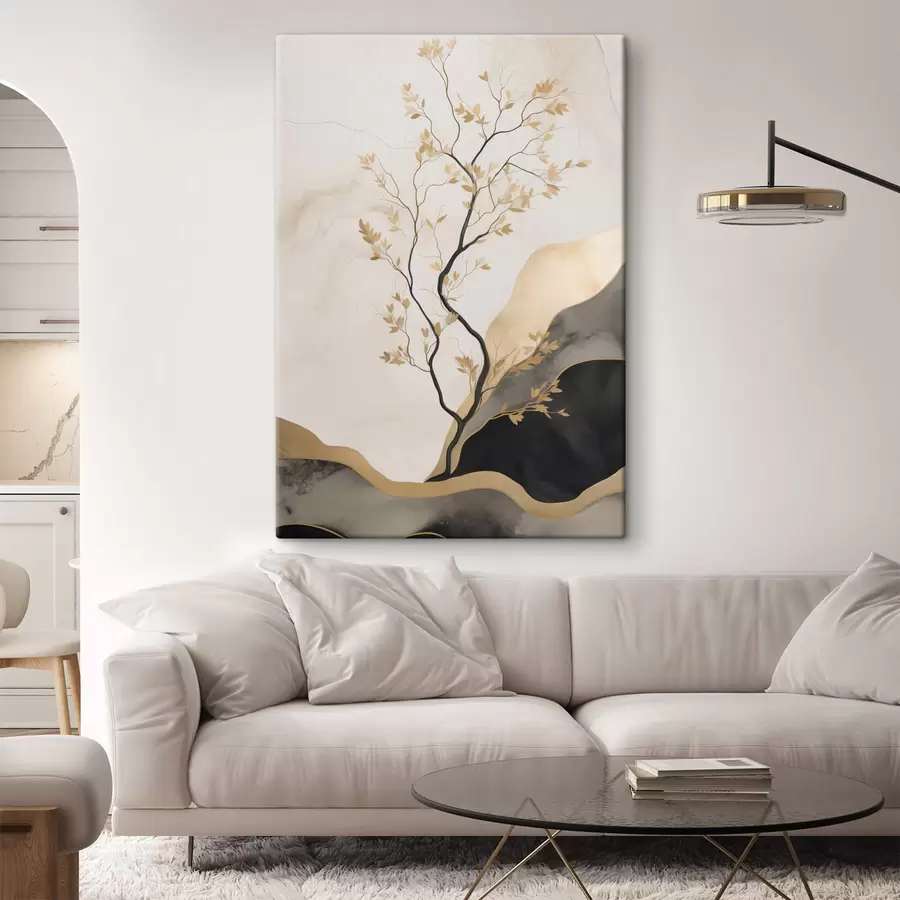 Fototapete Minimalistische abstrakte Kunst, Bäume und fließende Texturen in Beige- und Schwarztönen s50613
