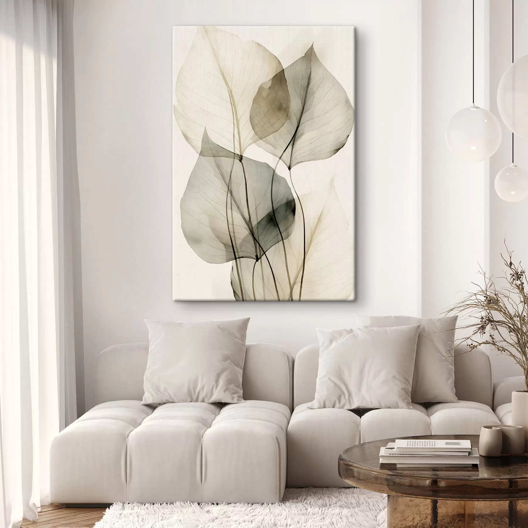 Fototapete Strukturierte, transparente Blätter in Beige- und Grautönen, heller Hintergrund s50625