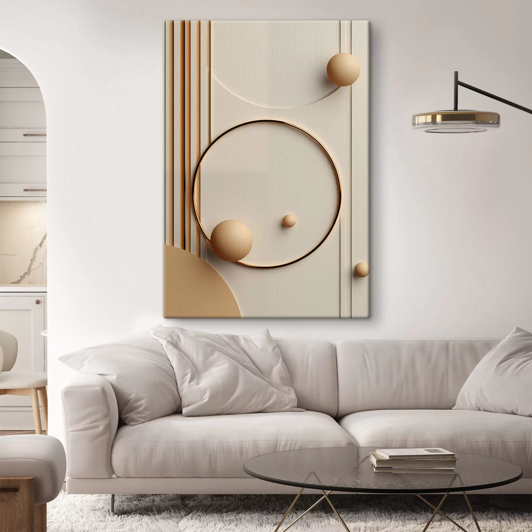 Fototapete Abstrakte moderne Kunst mit Kugeln und vertikalen Linien, minimalistische Komposition s50636