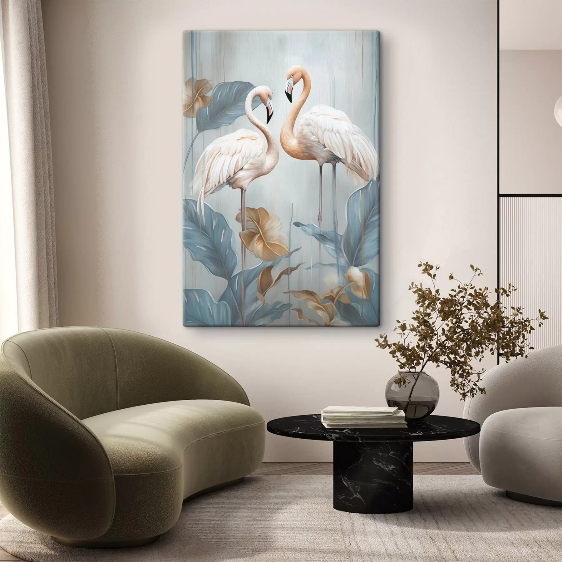 Fototapete Flamingos mit tropischen Blättern, Pastellfarben s50638