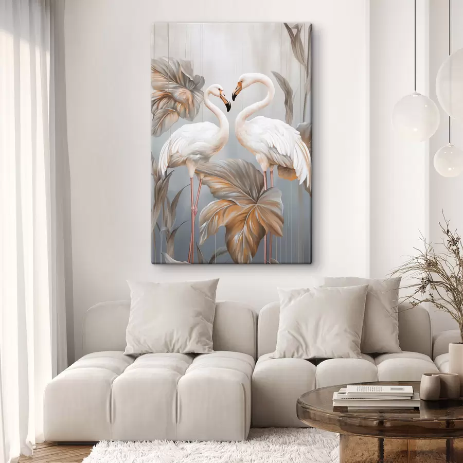 Fototapete Flamingos mit tropischen Blättern, Pastellfarben s50639