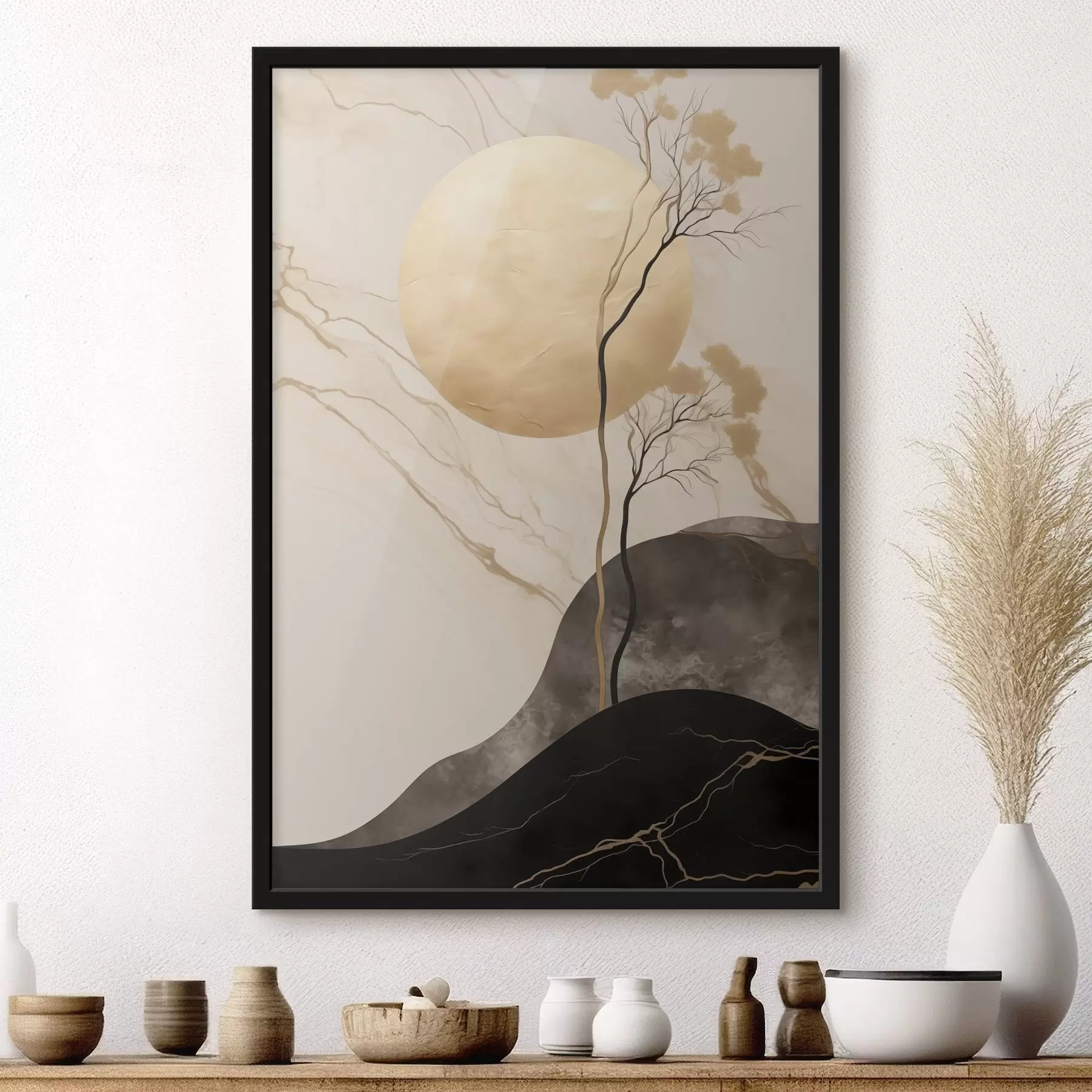 Fototapete Minimalistische abstrakte Kunst, Bäume und fließende Texturen in Beige- und Schwarztönen f50612