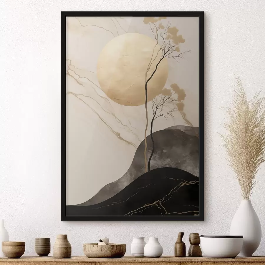 Fototapete Minimalistische abstrakte Kunst, Bäume und fließende Texturen in Beige- und Schwarztönen f50612