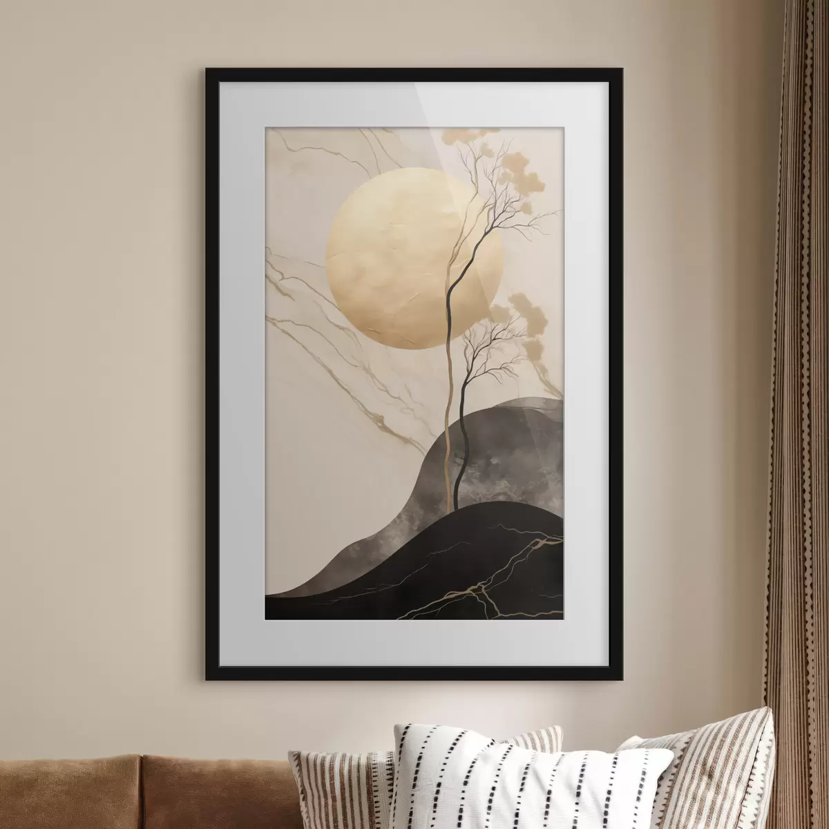 Poster Minimalistische abstrakte Kunst, Bäume und fließende Texturen in Beige- und Schwarztönen f50612