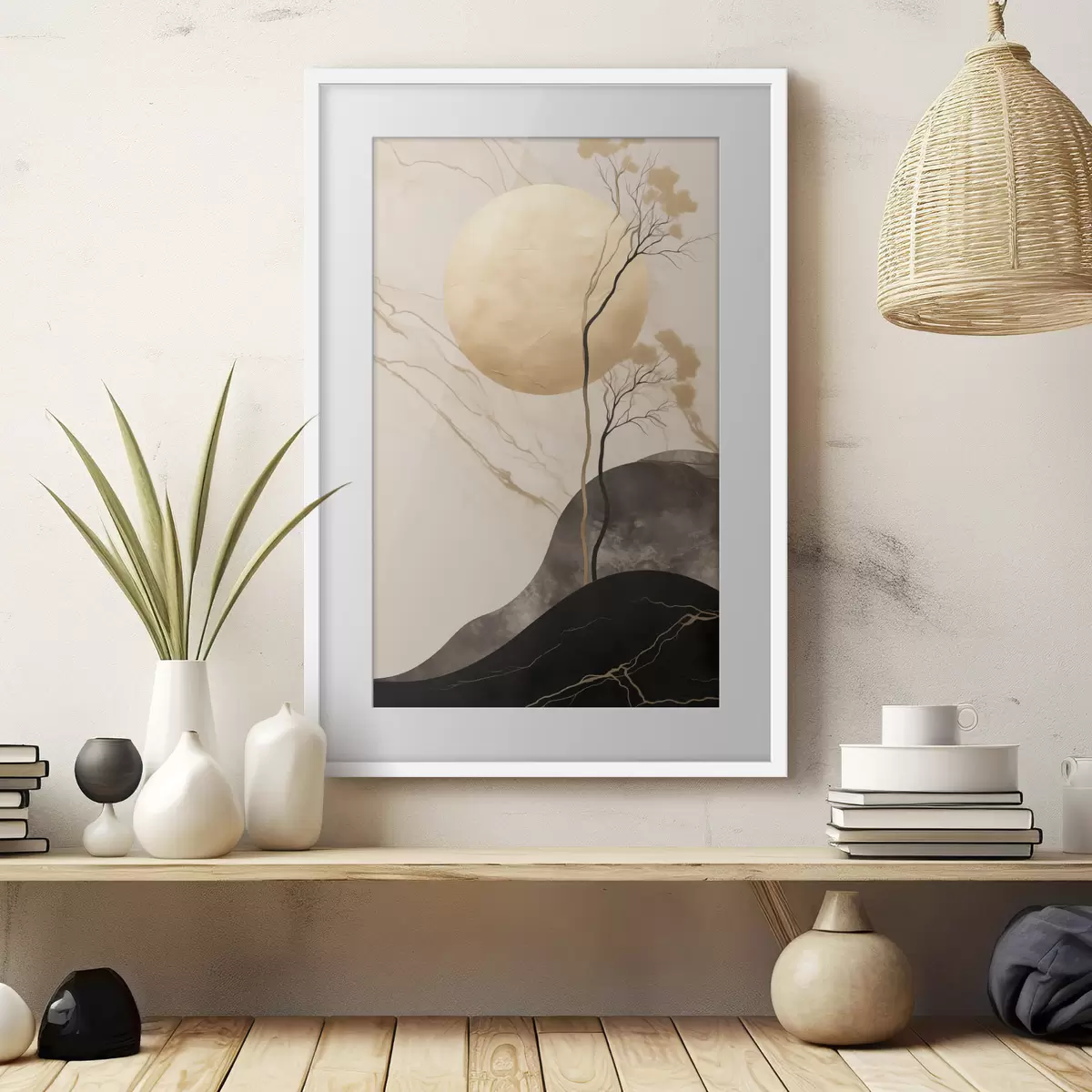 Poster Minimalistische abstrakte Kunst, Bäume und fließende Texturen in Beige- und Schwarztönen f50612