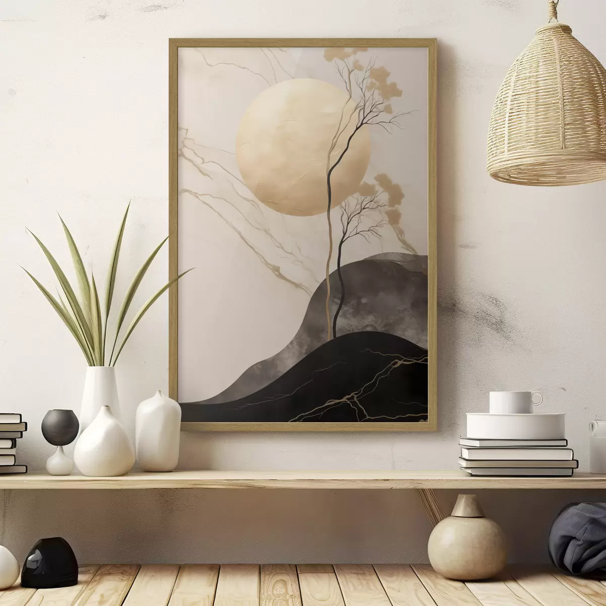 Poster Minimalistische abstrakte Kunst, Bäume und fließende Texturen in Beige- und Schwarztönen f50612