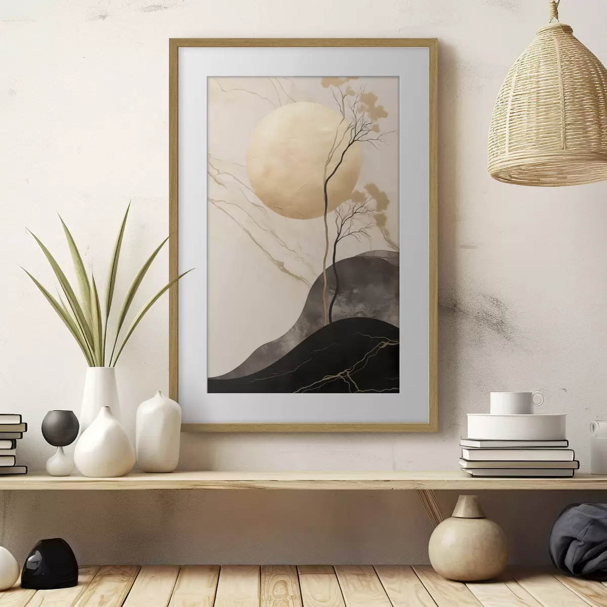 Poster Minimalistische abstrakte Kunst, Bäume und fließende Texturen in Beige- und Schwarztönen f50612