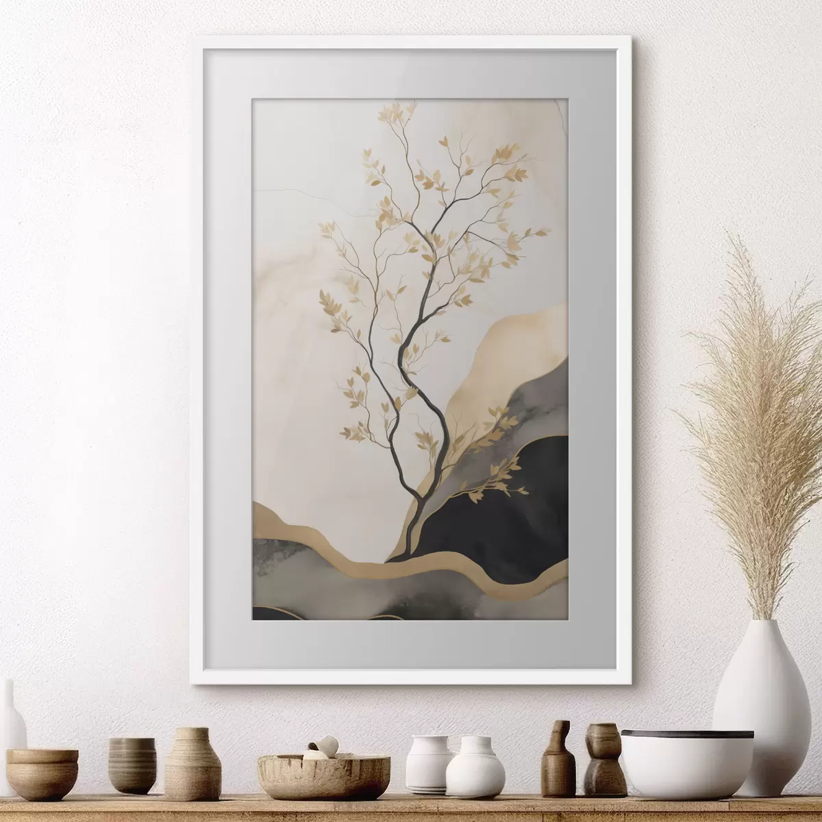 Poster Minimalistische abstrakte Kunst, Bäume und fließende Texturen in Beige- und Schwarztönen f50613
