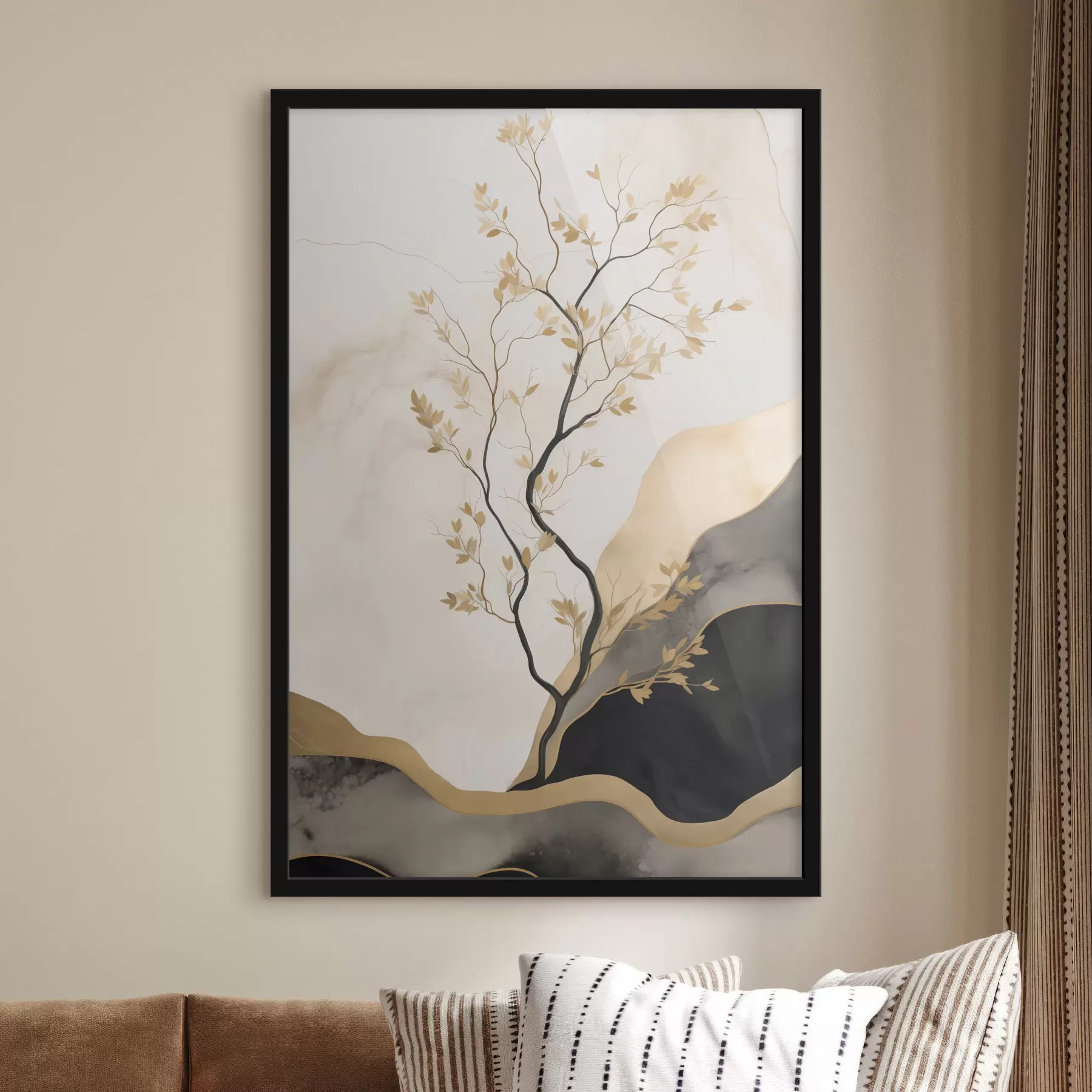 Fototapete Minimalistische abstrakte Kunst, Bäume und fließende Texturen in Beige- und Schwarztönen f50613