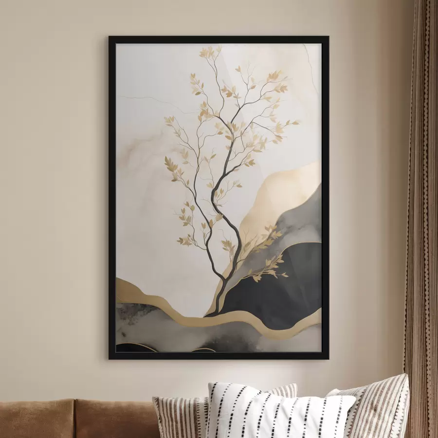 Fototapete Minimalistische abstrakte Kunst, Bäume und fließende Texturen in Beige- und Schwarztönen f50613
