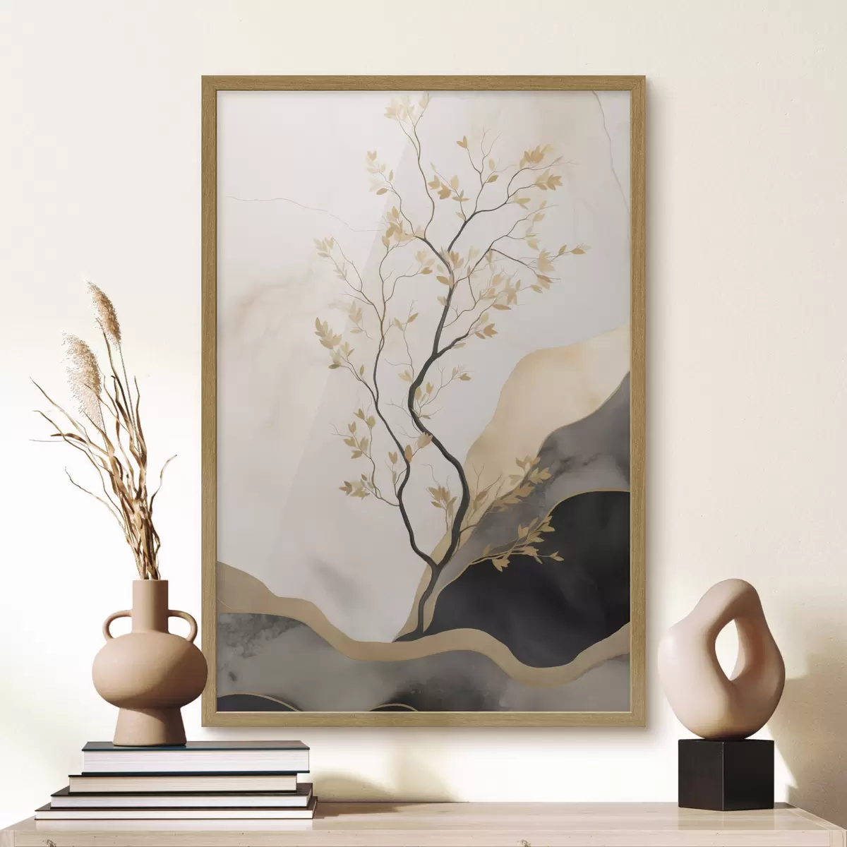 Poster Minimalistische abstrakte Kunst, Bäume und fließende Texturen in Beige- und Schwarztönen f50613