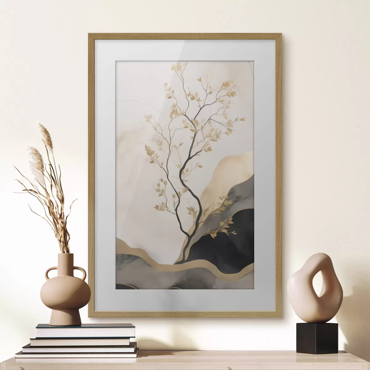 Poster Minimalistische abstrakte Kunst, Bäume und fließende Texturen in Beige- und Schwarztönen f50613