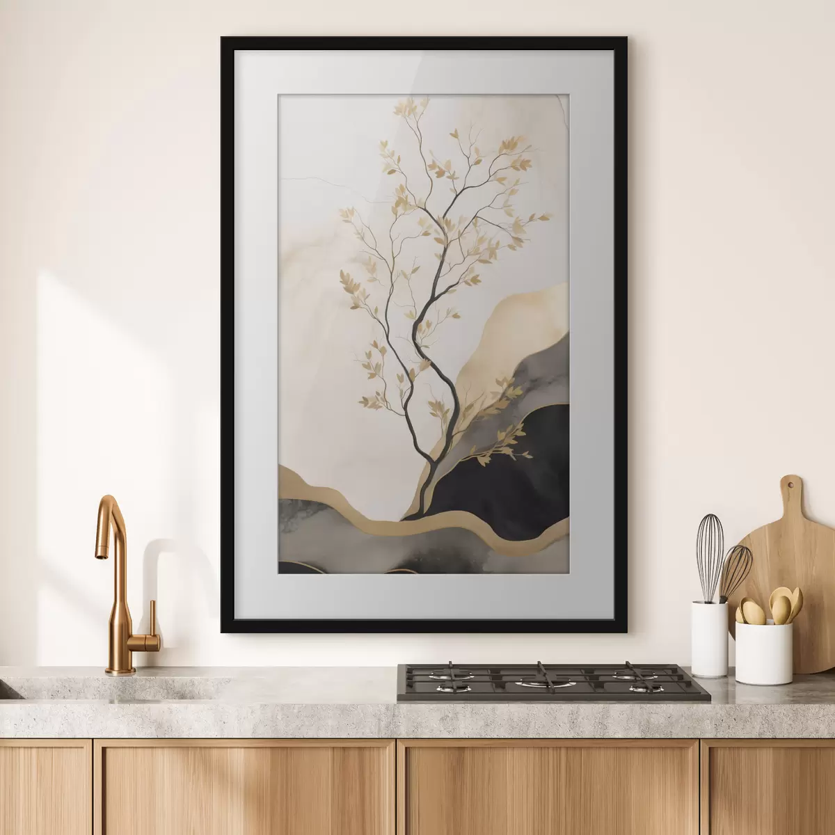Poster Minimalistische abstrakte Kunst, Bäume und fließende Texturen in Beige- und Schwarztönen f50613
