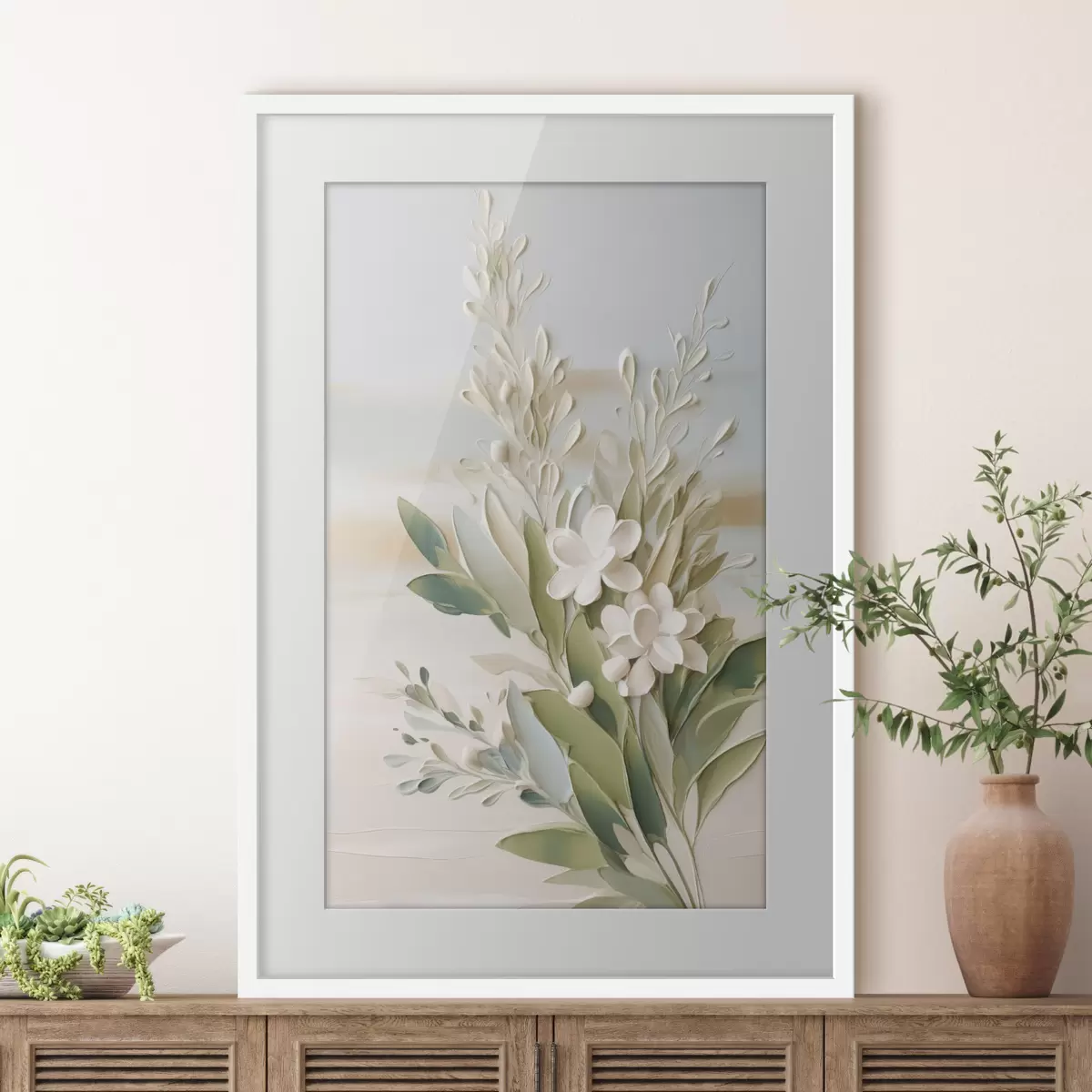 Poster Weiße Blüten und grüne Blätter vor einem sanften, strukturierten Hintergrund in Pastelltönen f50618