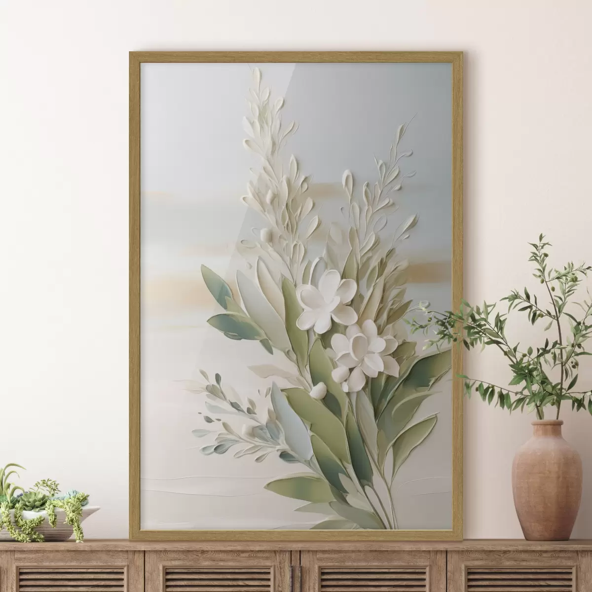 Poster Weiße Blüten und grüne Blätter vor einem sanften, strukturierten Hintergrund in Pastelltönen f50618