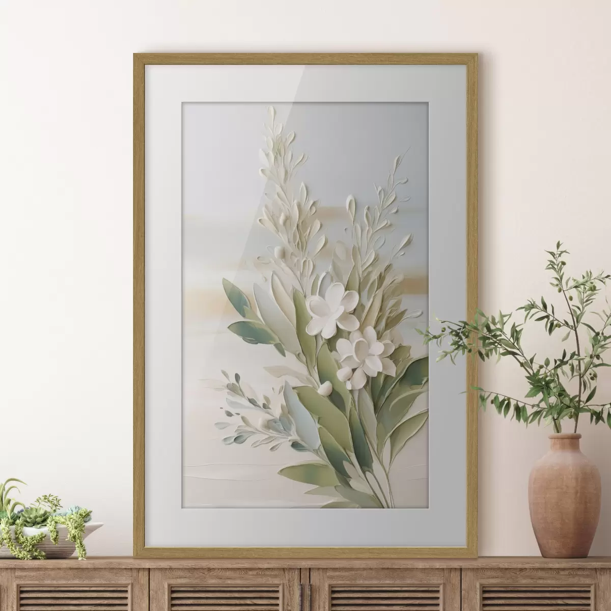Poster Weiße Blüten und grüne Blätter vor einem sanften, strukturierten Hintergrund in Pastelltönen f50618