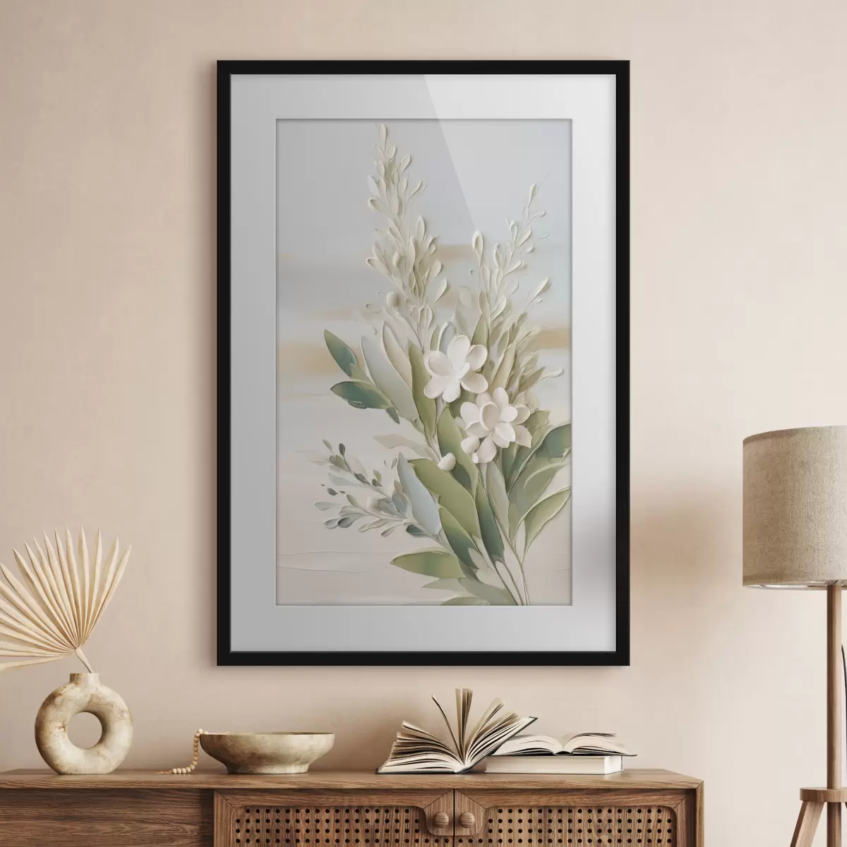 Poster Weiße Blüten und grüne Blätter vor einem sanften, strukturierten Hintergrund in Pastelltönen f50618