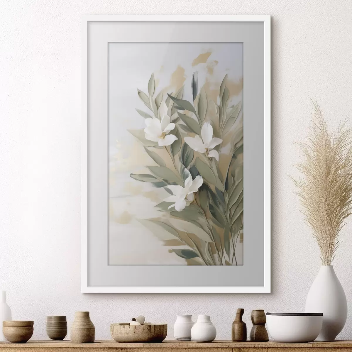 Poster Weiße Blüten und grüne Blätter vor einem sanften, strukturierten Hintergrund in Pastelltönen f50619