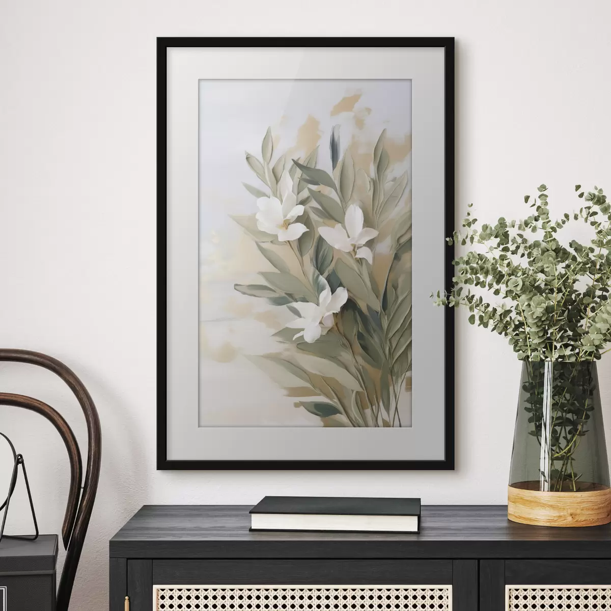 Poster Weiße Blüten und grüne Blätter vor einem sanften, strukturierten Hintergrund in Pastelltönen f50619