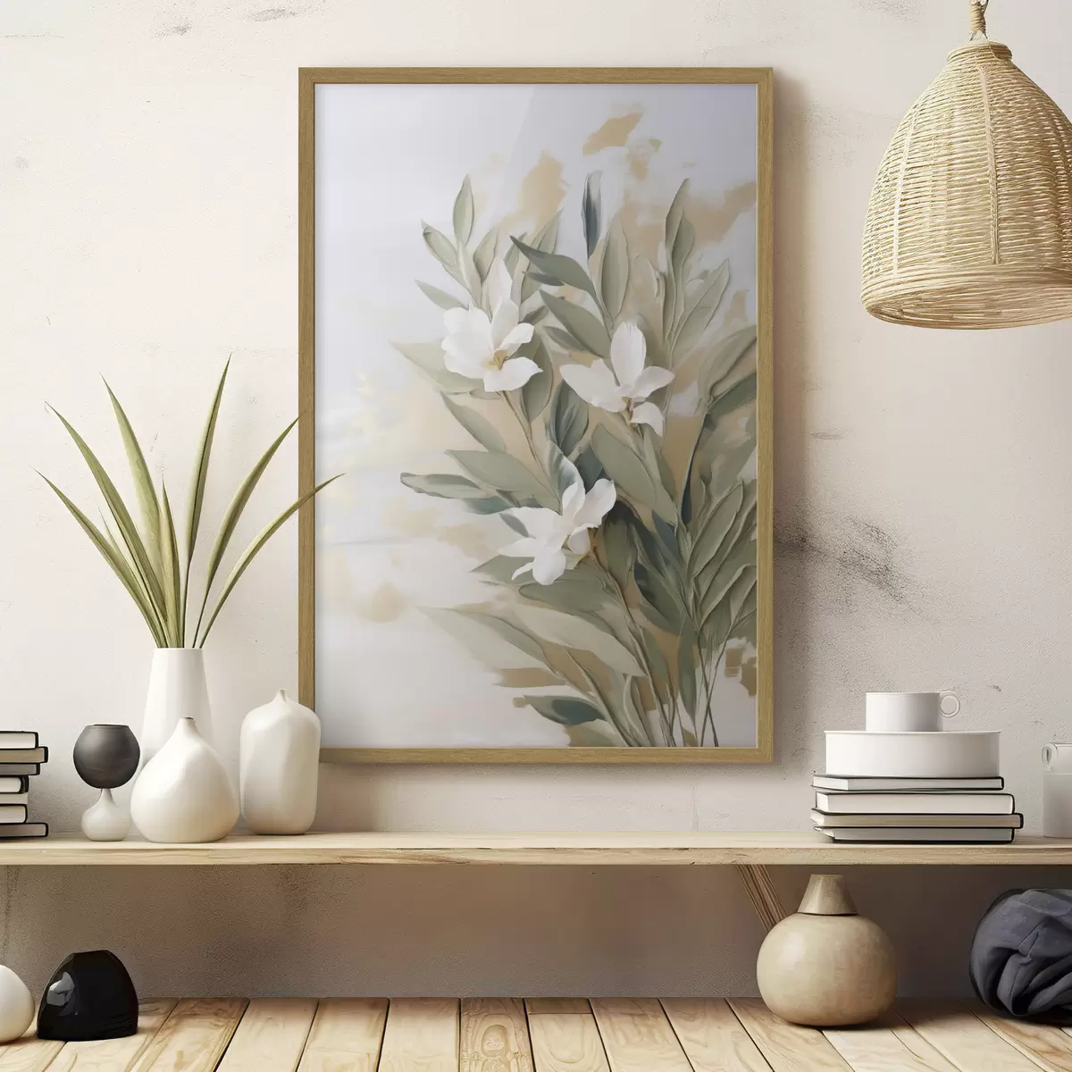 Poster Weiße Blüten und grüne Blätter vor einem sanften, strukturierten Hintergrund in Pastelltönen f50619