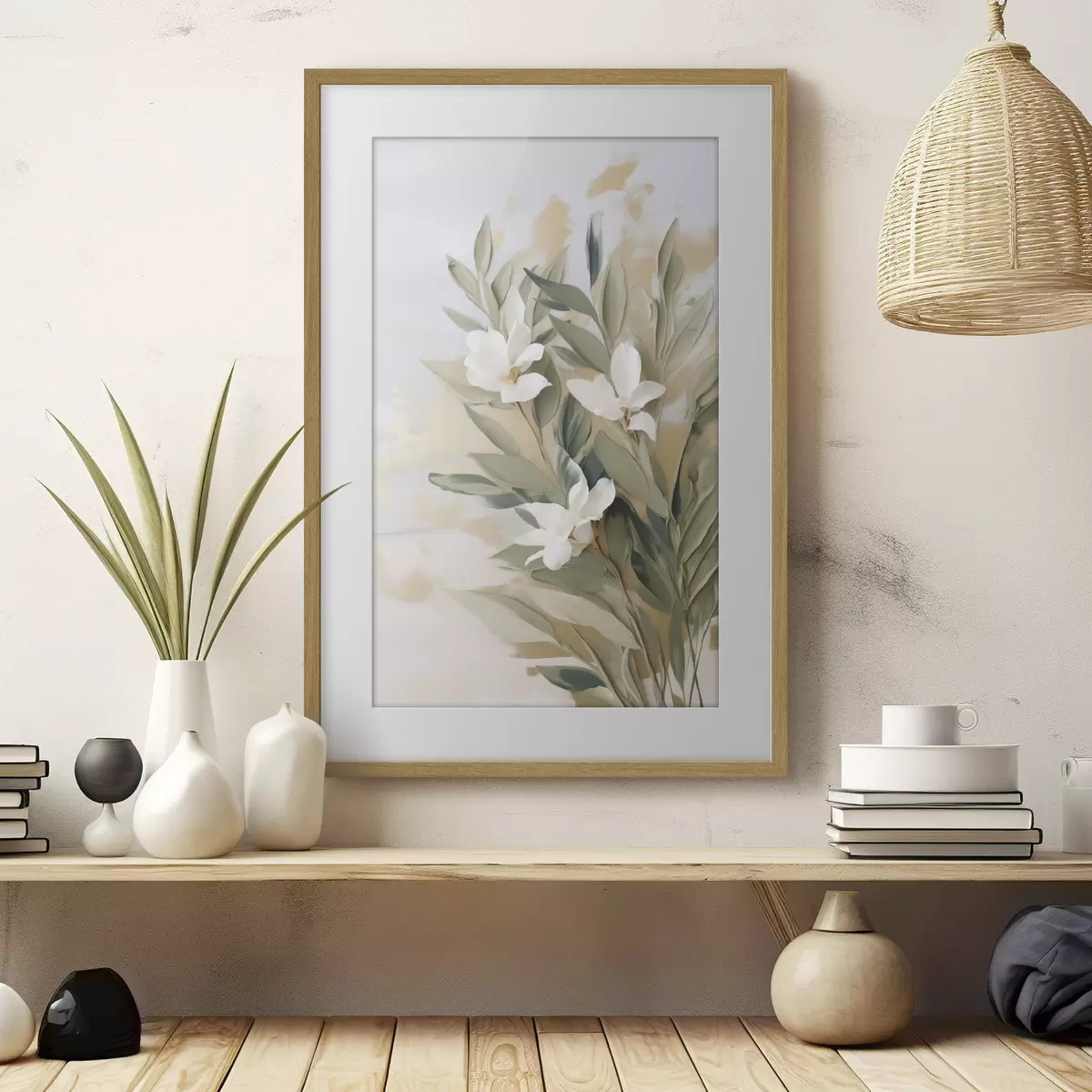 Poster Weiße Blüten und grüne Blätter vor einem sanften, strukturierten Hintergrund in Pastelltönen f50619
