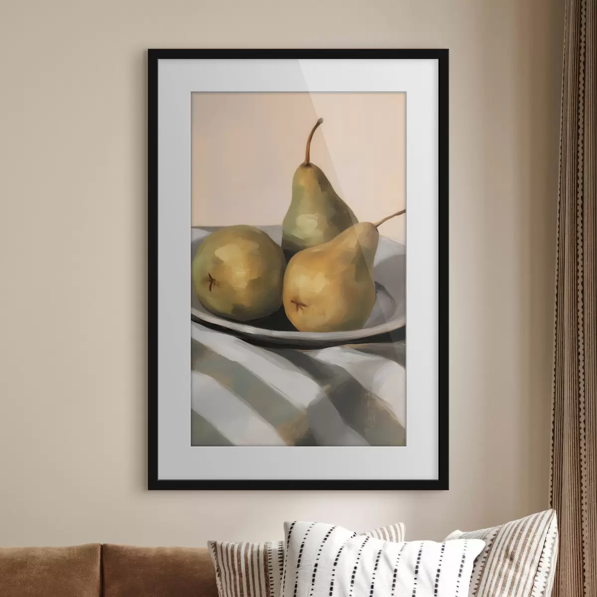 Poster Stillleben mit Birnen auf einem gestreiften Tuch f50620