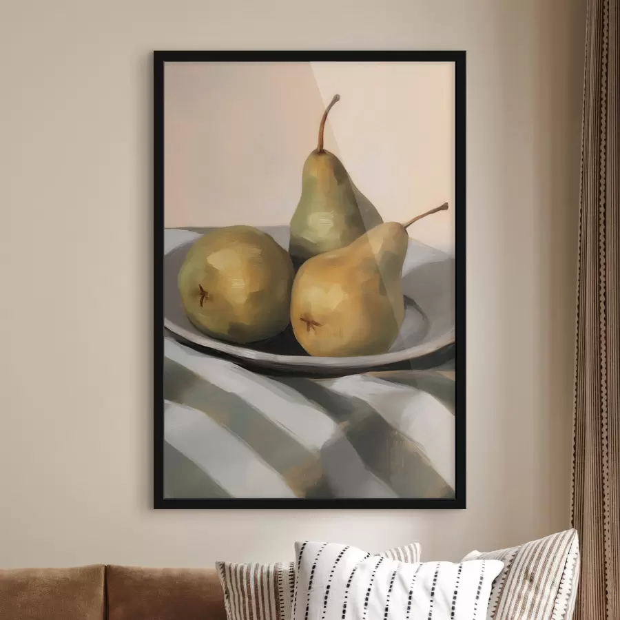 Fototapete Stillleben mit Birnen auf einem gestreiften Tuch f50620