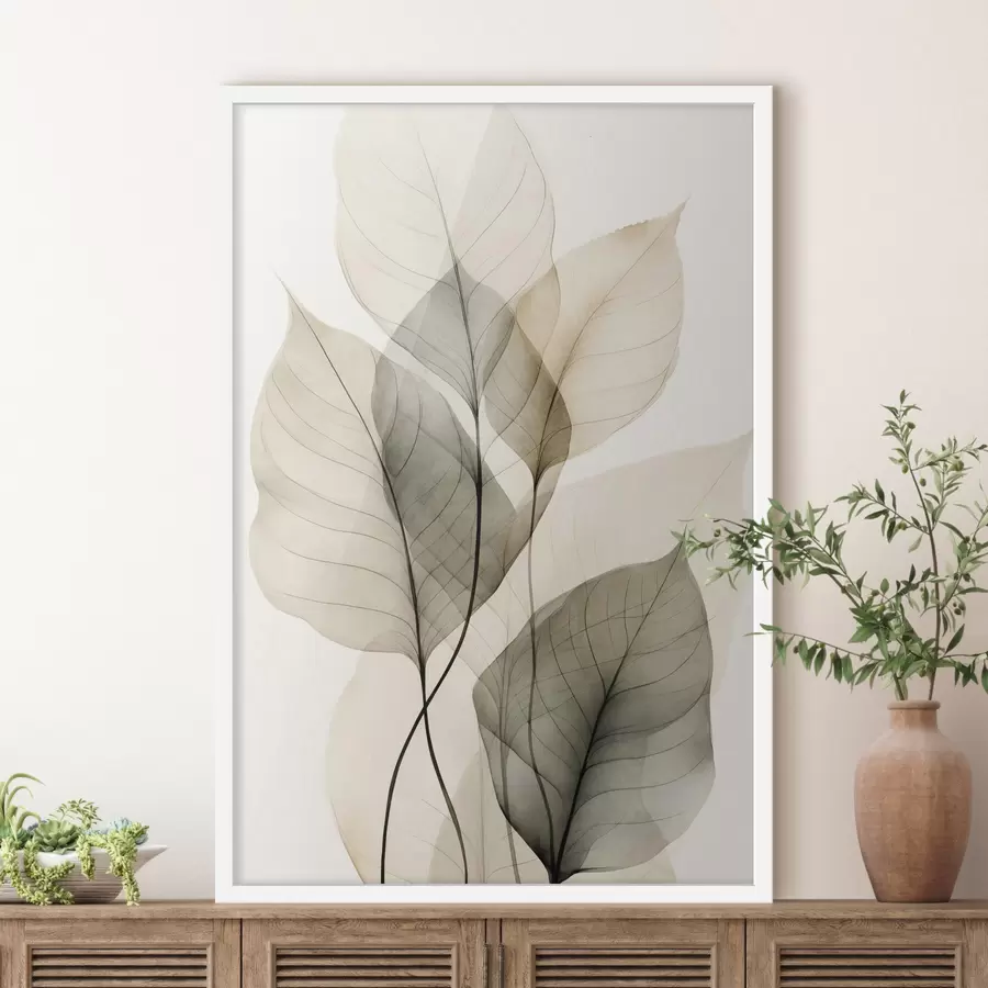 Fototapete Strukturierte, transparente Blätter in Beige- und Grautönen, heller Hintergrund f50624