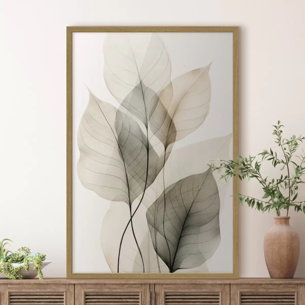 Poster Strukturierte, transparente Blätter in Beige- und Grautönen, heller Hintergrund f50624