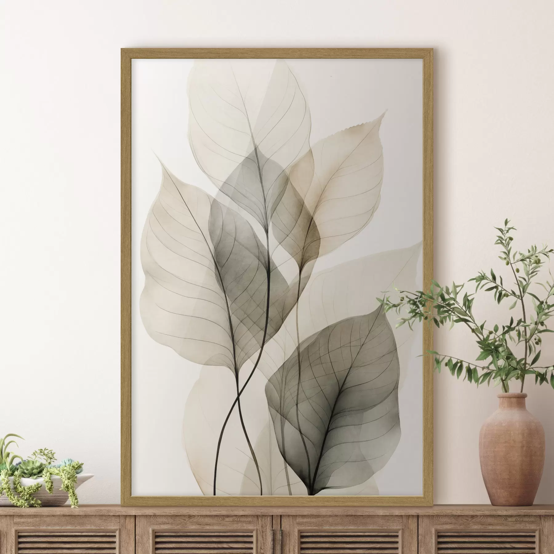 Fototapete Strukturierte, transparente Blätter in Beige- und Grautönen, heller Hintergrund f50624