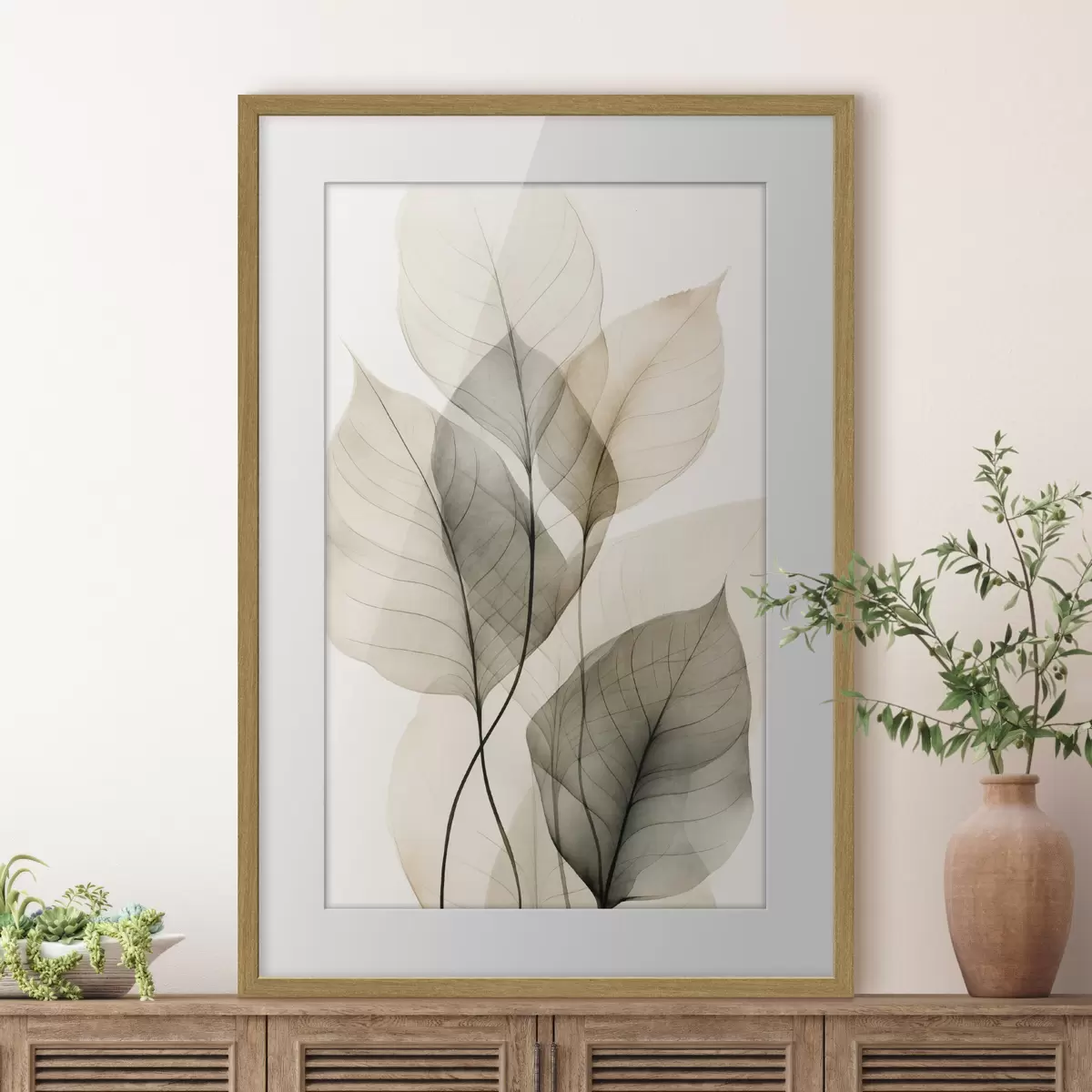 Poster Strukturierte, transparente Blätter in Beige- und Grautönen, heller Hintergrund f50624