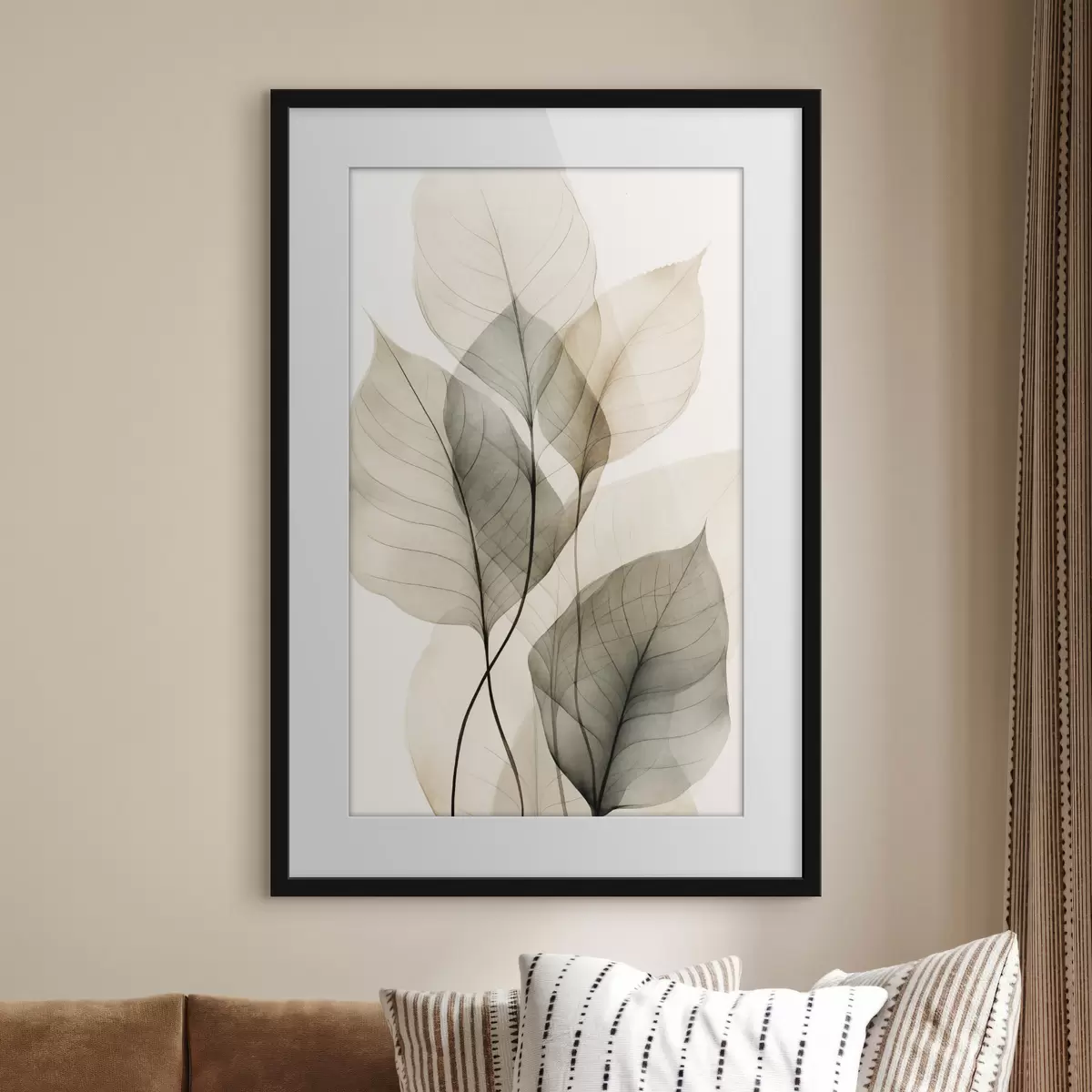 Poster Strukturierte, transparente Blätter in Beige- und Grautönen, heller Hintergrund f50624
