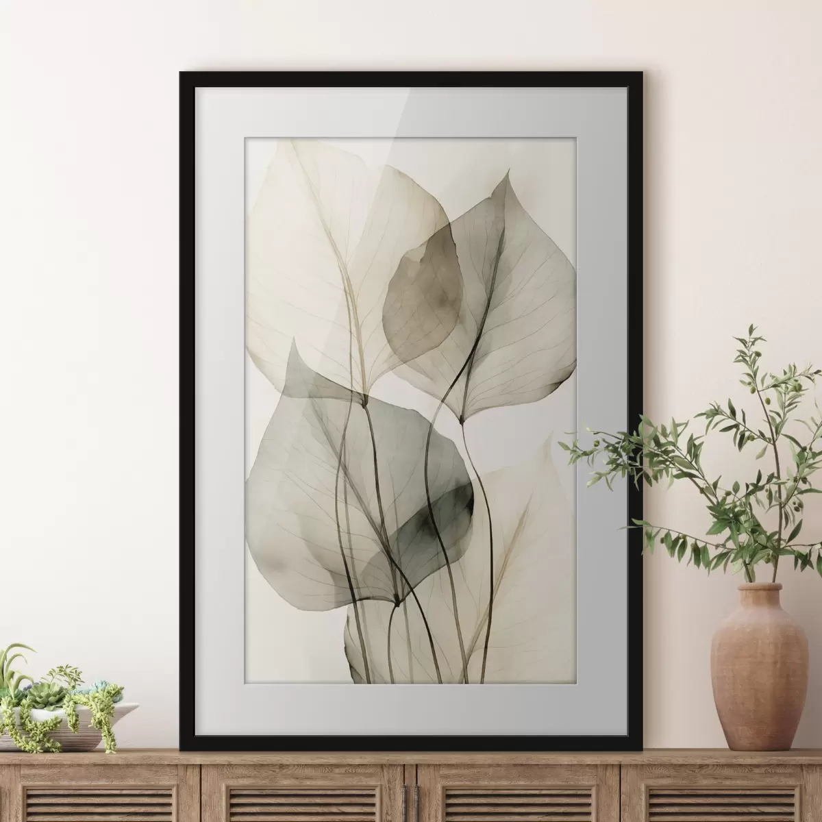 Poster Strukturierte, transparente Blätter in Beige- und Grautönen, heller Hintergrund f50625