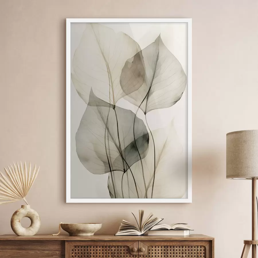 Fototapete Strukturierte, transparente Blätter in Beige- und Grautönen, heller Hintergrund f50625