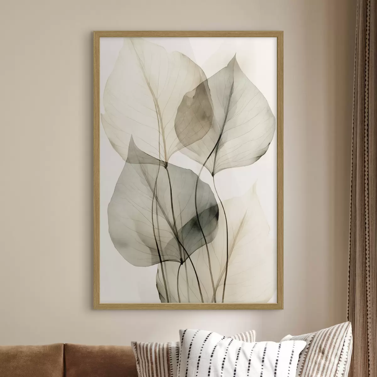 Poster Strukturierte, transparente Blätter in Beige- und Grautönen, heller Hintergrund f50625