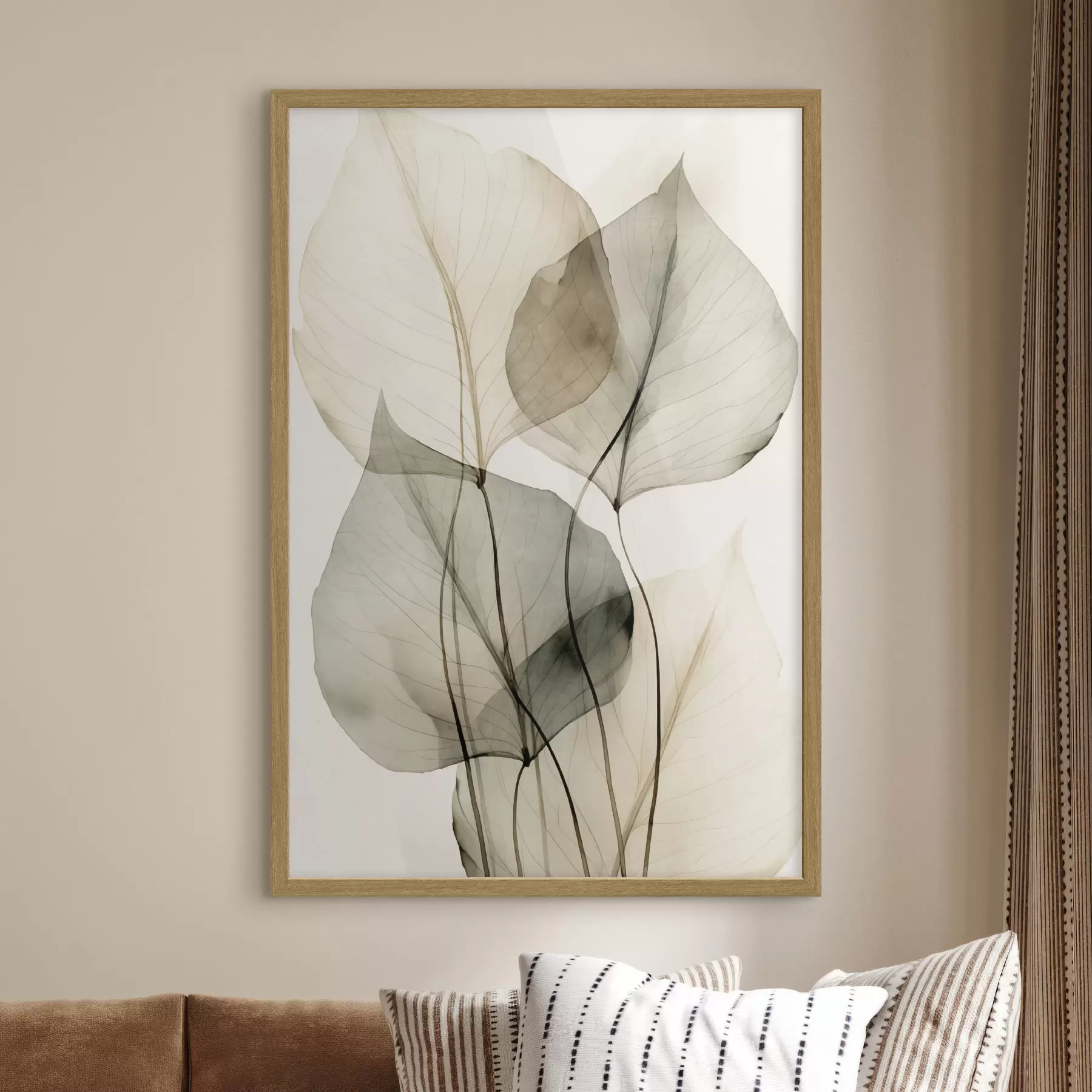 Fototapete Strukturierte, transparente Blätter in Beige- und Grautönen, heller Hintergrund f50625
