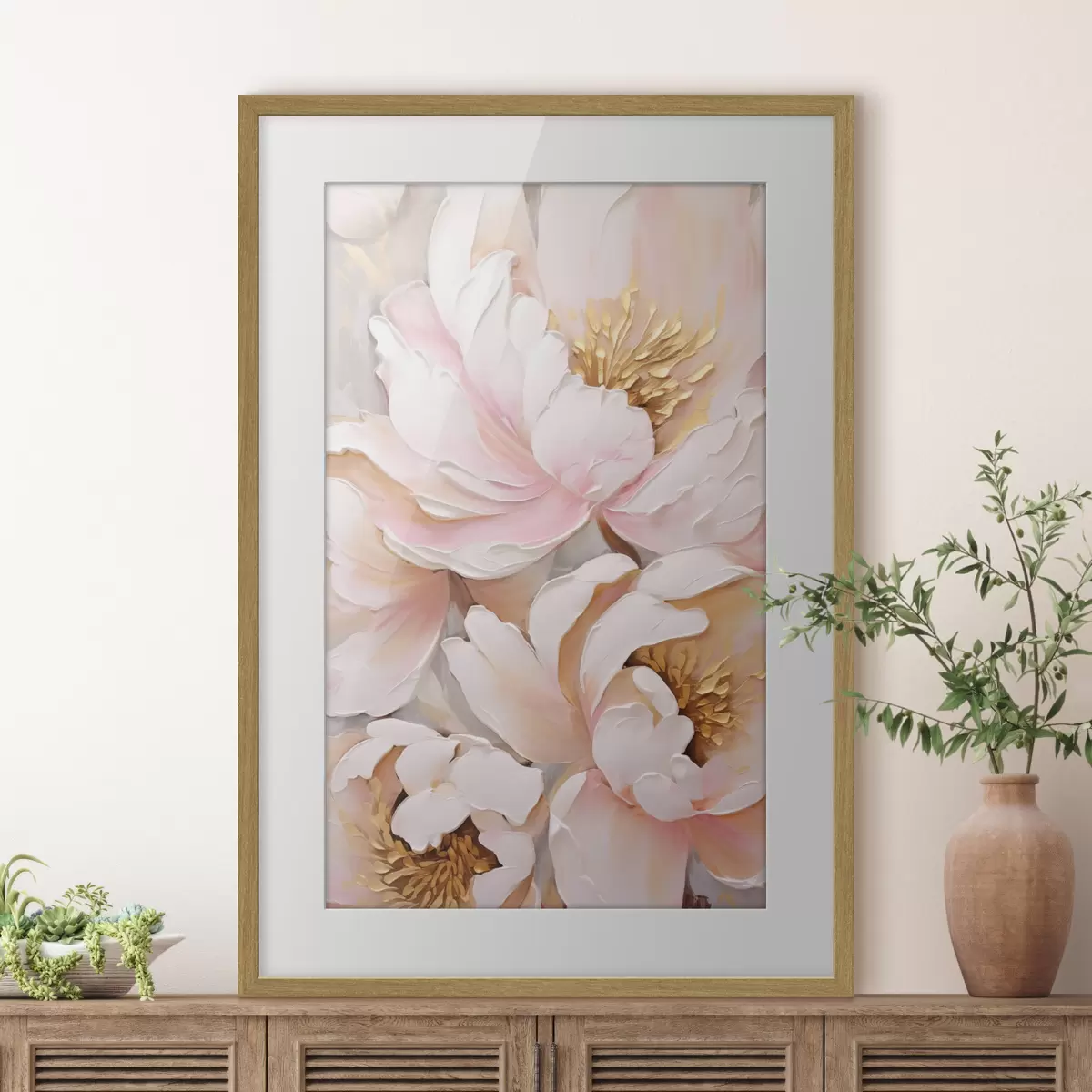 Poster Hellrosa Pfingstrosen, im Stil strukturierter Pinselstriche, abstrakter Hintergrund f50629