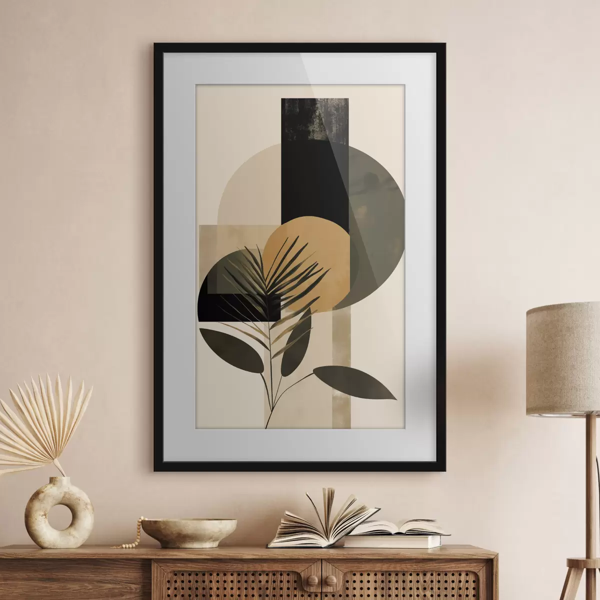 Poster Abstrakte Komposition mit geometrischen Formen und tropischen Blättern, strukturiert f50632