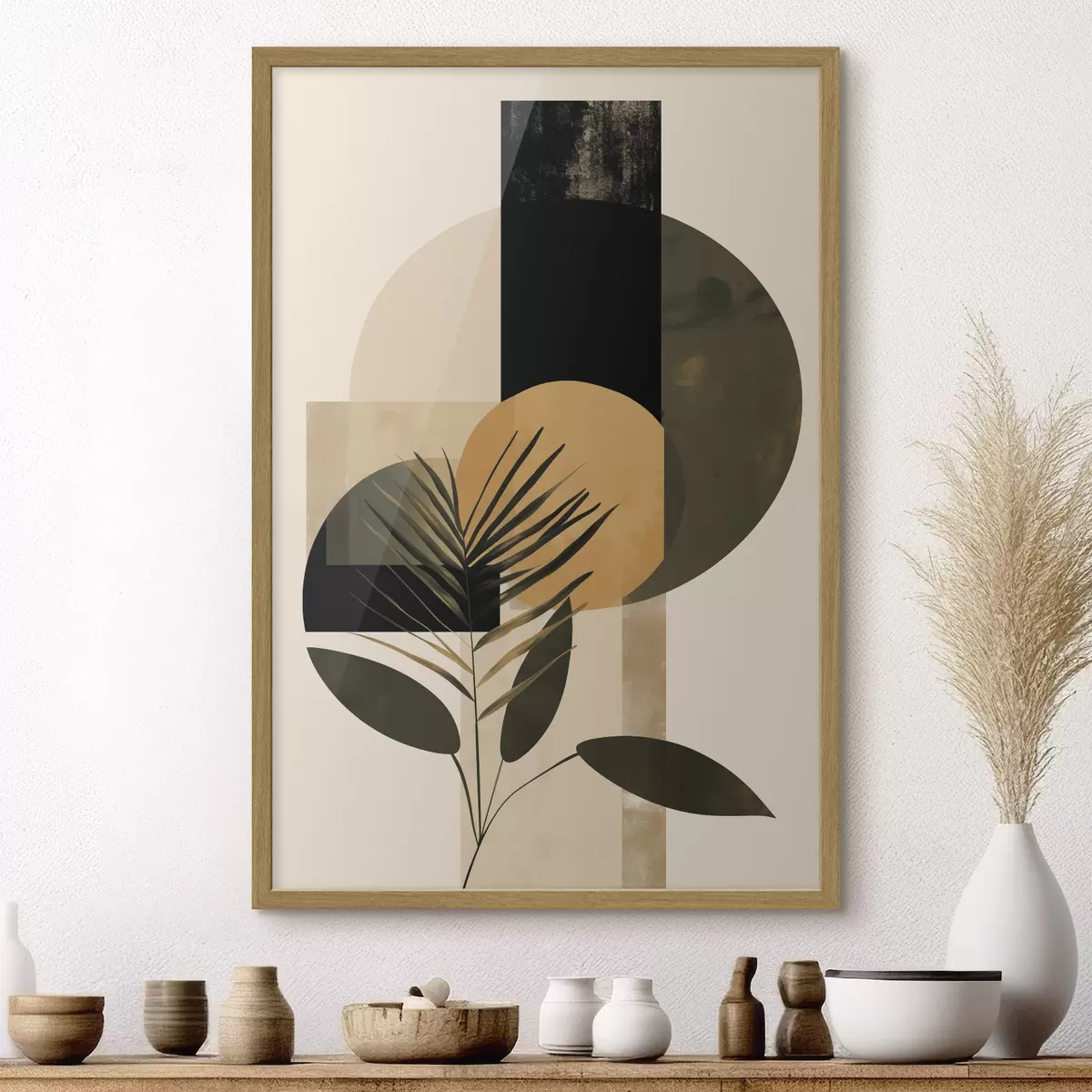 Poster Abstrakte Komposition mit geometrischen Formen und tropischen Blättern, strukturiert f50632