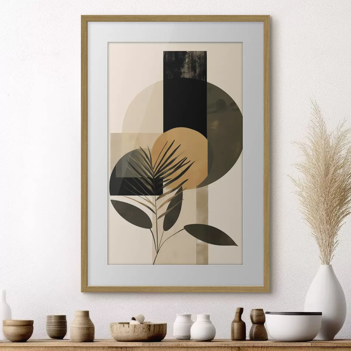 Poster Abstrakte Komposition mit geometrischen Formen und tropischen Blättern, strukturiert f50632