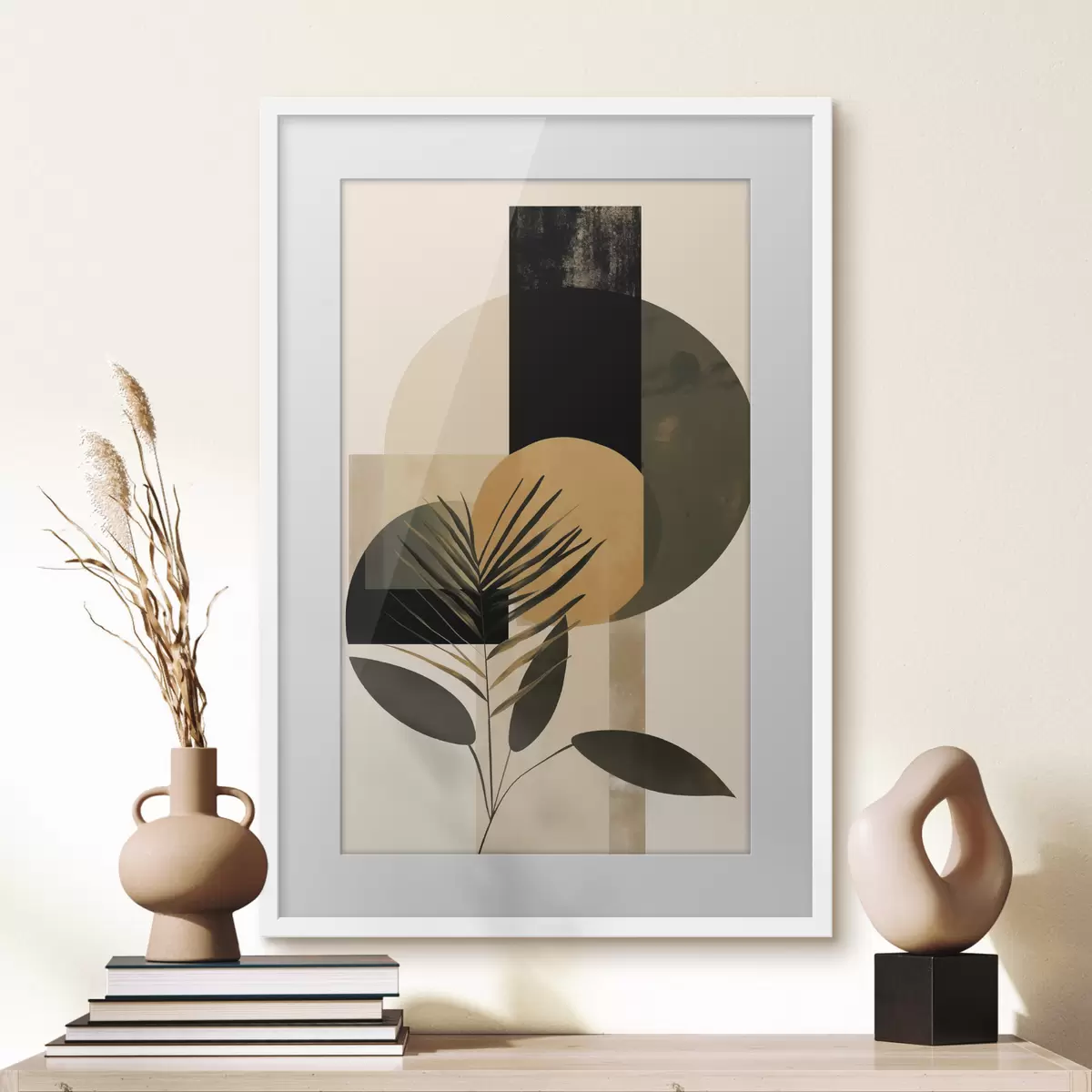 Poster Abstrakte Komposition mit geometrischen Formen und tropischen Blättern, strukturiert f50632