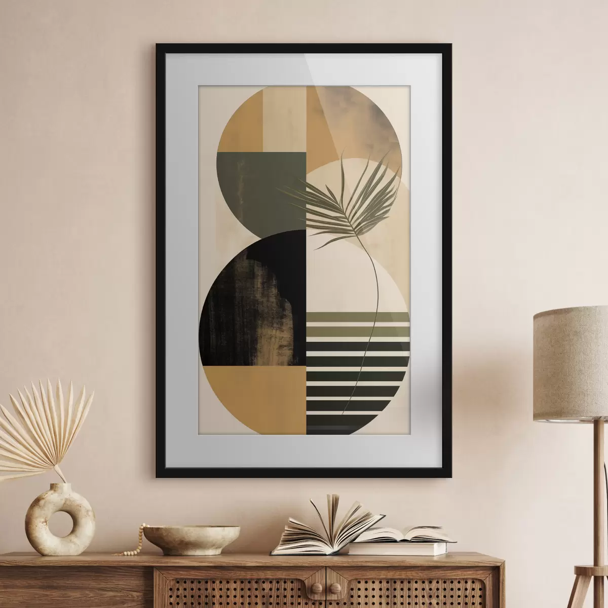 Poster Abstrakte Komposition mit geometrischen Formen und tropischen Blättern, strukturiert f50633